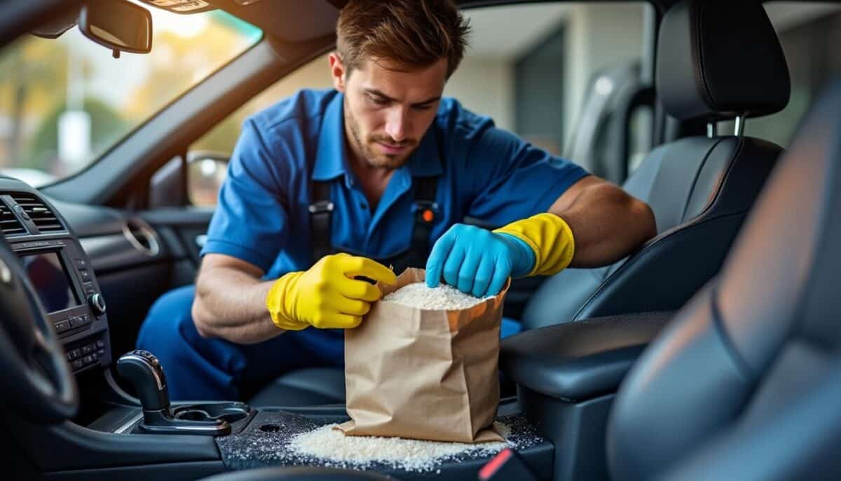 entdecken sie den cleveren mechaniker-trick: so entfernen sie feuchtigkeit aus dem auto ganz einfach mit einem beutel reis. effektive lösung gegen feuchtigkeit und beschlagene scheiben!