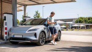 Elektroauto lรคdt im Sommer an einer deutschen Raststรคtte im Schatten