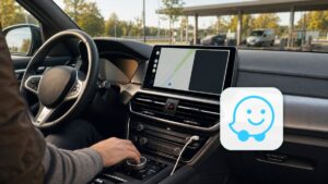 Waze-Logo auf einem Android-Auto-Display während der Navigation